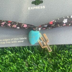 Express Black Floral Fabric Necklace with Turquoise Heart & Gold Cactus